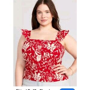 Old Navy Fitted Ruffle Trim Smocked Floral Top Size 2X Red White Tropical Vacay